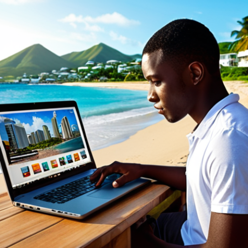 Home 4 **
A young, confident entrepreneur from St. Kitts and Nevis working on a laptop with a Caribbean beach and modern city skyline blended in the background. The scene should convey the idea of bridging island life with global digital opportunities, showcasing e-commerce success.
**