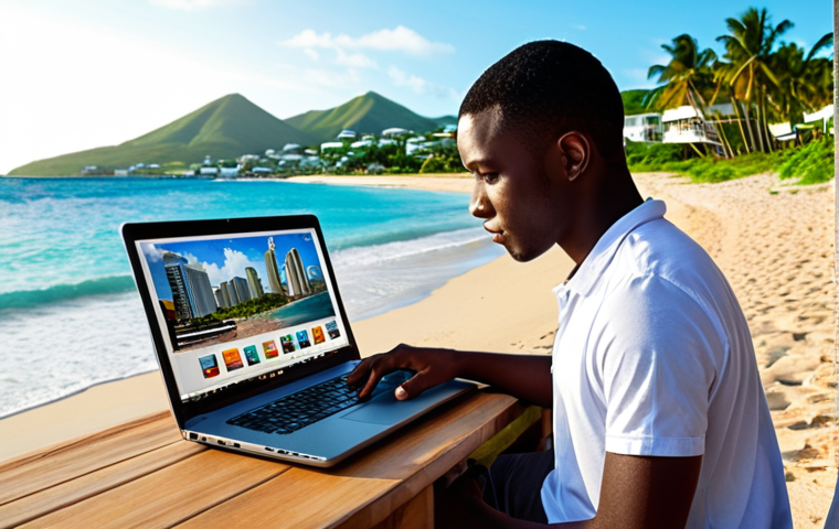**
A young, confident entrepreneur from St. Kitts and Nevis working on a laptop with a Caribbean beach and modern city skyline blended in the background. The scene should convey the idea of bridging island life with global digital opportunities, showcasing e-commerce success.
**